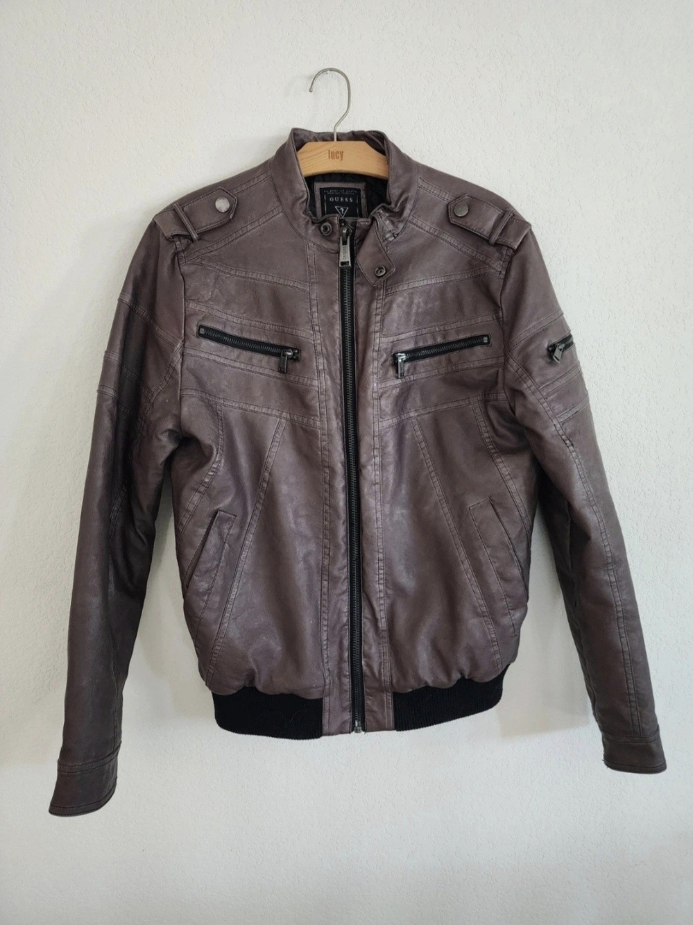 Guess Men’s Brown Faux Leather Bomber Jacket with Black Ribbed Hem